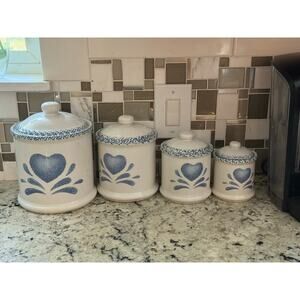 House Of Lloyd 1992 Canister Set Folk Art Sponge Blue heart.